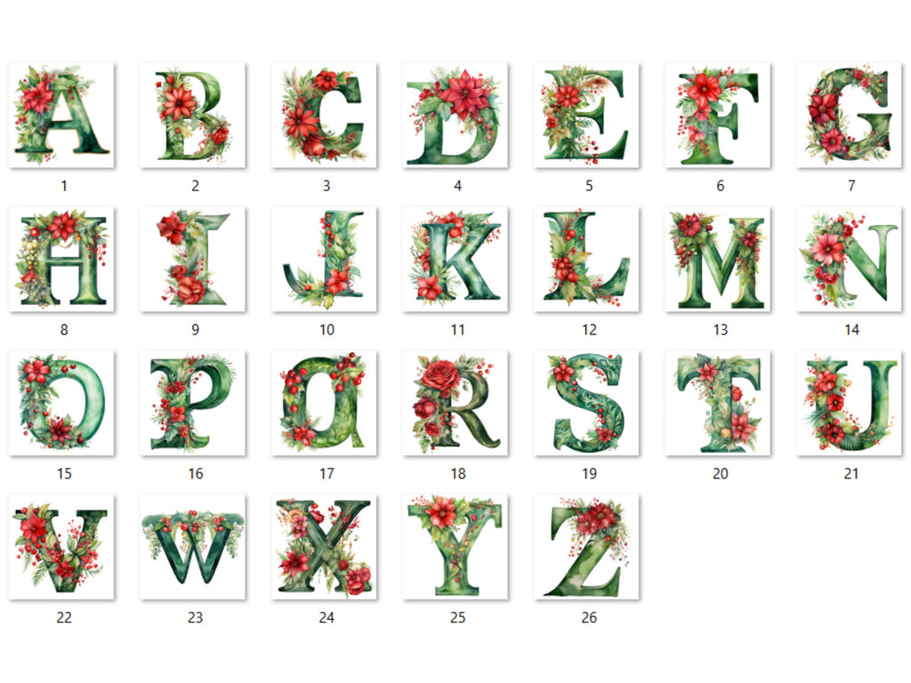 26 PNG Watercolour Green Christmas Alphabet Clipart, Christmas Letters Clip art, Christmas Font png, Xmas Noel Floral Alphabet Sublimation
