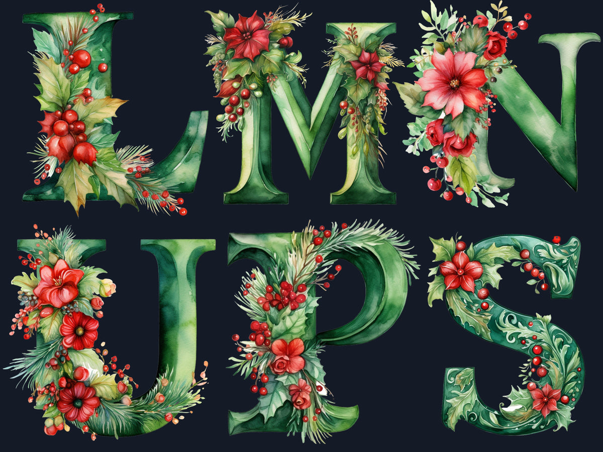 26 PNG Watercolour Green Christmas Alphabet Clipart, Christmas Letters Clip art, Christmas Font png, Xmas Noel Floral Alphabet Sublimation