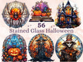 56 PNG Watercolor Stained Glass Halloween Bundle Clipart, Happy Halloween Illustrations Clip art, Witchcraft png, Stained Glass Sublimation