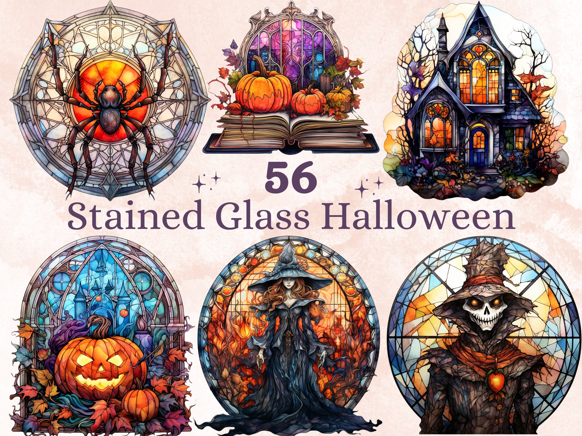 56 PNG Watercolor Stained Glass Halloween Bundle Clipart, Happy Halloween Illustrations Clip art, Witchcraft png, Stained Glass Sublimation