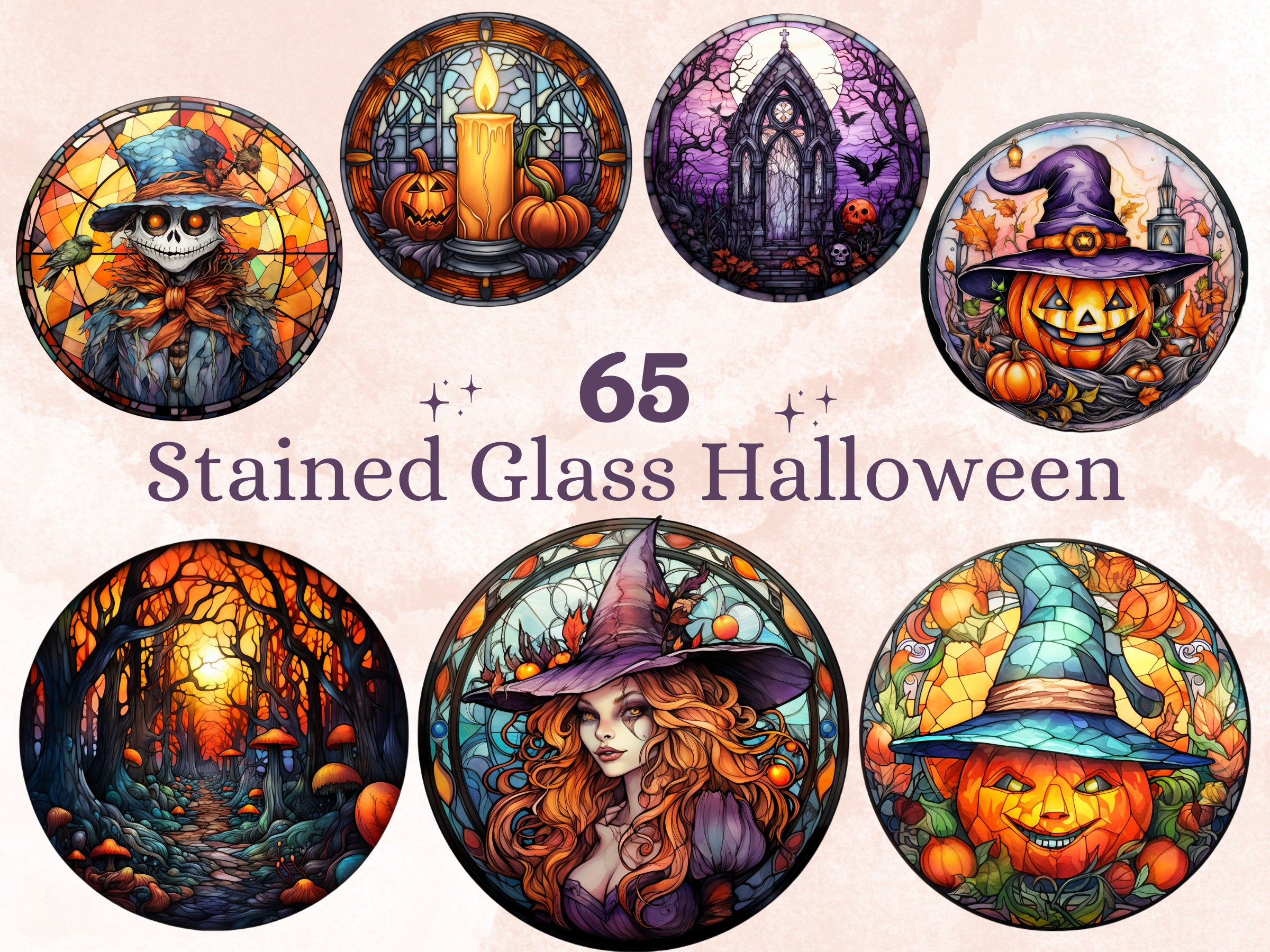 65 PNG Watercolor Round Stained Glass Halloween Big Bundle Clipart, Halloween Illustrations Clip art, Witchcraft png, Circle Stained Glass