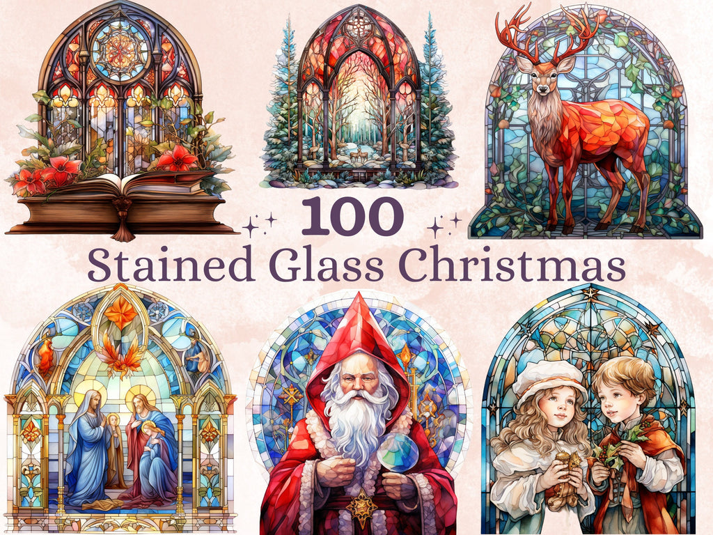 100 PNG Watercolor Stained Glass Christmas Big Bundle Clipart, Merry Christmas Illustrations Clip art, Stained Glass Winter Digital Sticker