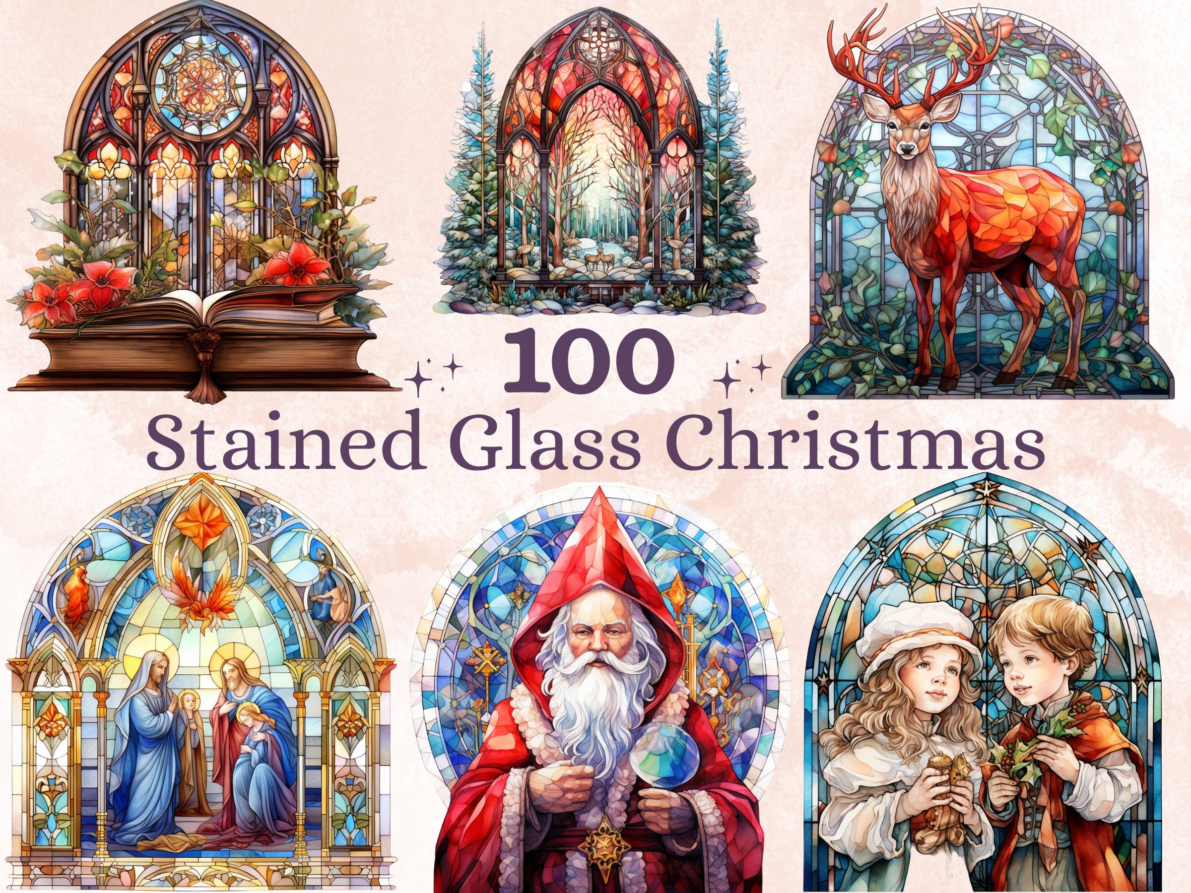 100 PNG Watercolor Stained Glass Christmas Big Bundle Clipart, Merry Christmas Illustrations Clip art, Stained Glass Winter Digital Sticker