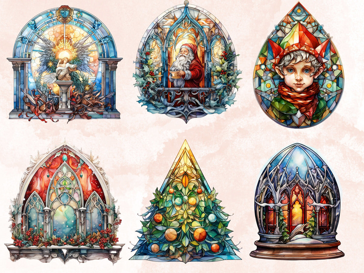100 PNG Watercolor Stained Glass Christmas Big Bundle Clipart, Merry Christmas Illustrations Clip art, Stained Glass Winter Digital Sticker