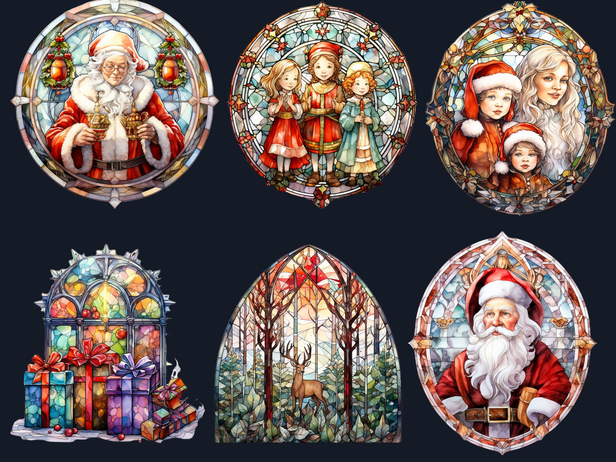 100 PNG Watercolor Stained Glass Christmas Big Bundle Clipart, Merry Christmas Illustrations Clip art, Stained Glass Winter Digital Sticker