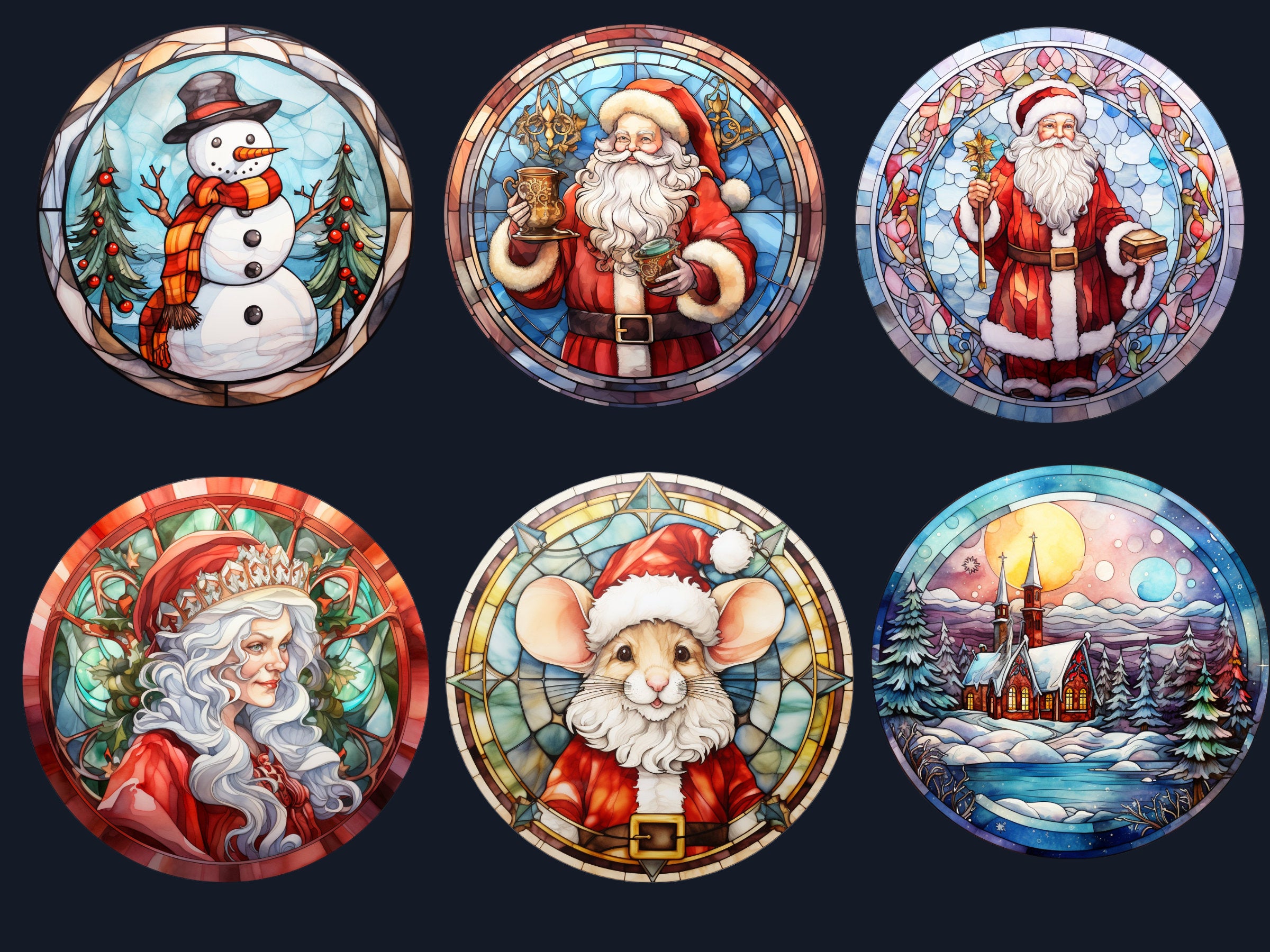 105 PNG Watercolor Round Stained Glass Christmas Bundle Clipart, Xmas Illustrations Clip art, Circle Stained Glass Winter Digital Sticker