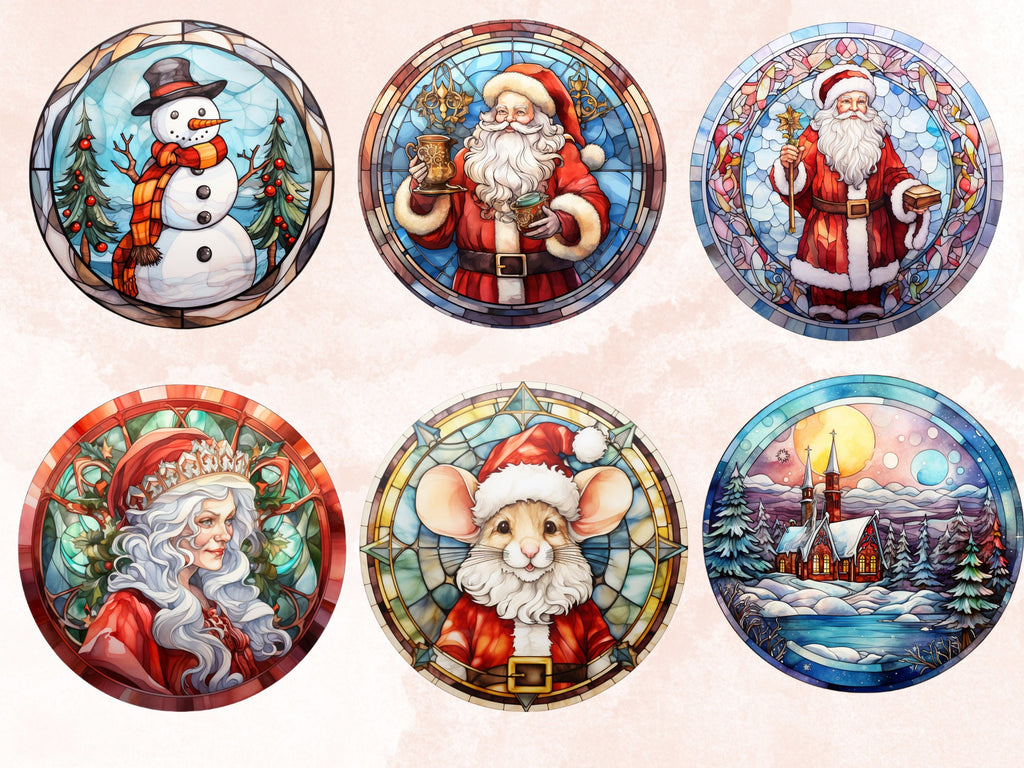 105 PNG Watercolor Round Stained Glass Christmas Bundle Clipart, Xmas Illustrations Clip art, Circle Stained Glass Winter Digital Sticker