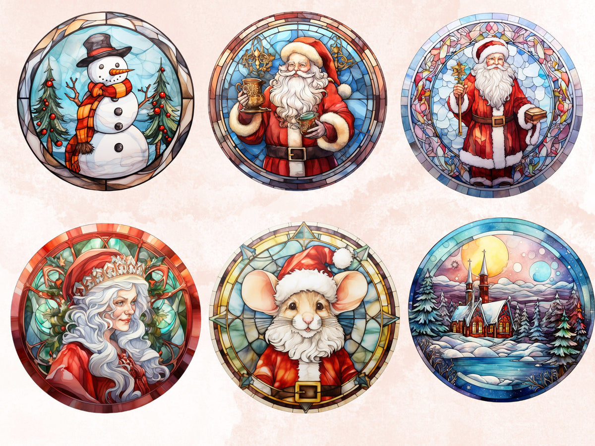 105 PNG Watercolor Round Stained Glass Christmas Bundle Clipart, Xmas Illustrations Clip art, Circle Stained Glass Winter Digital Sticker