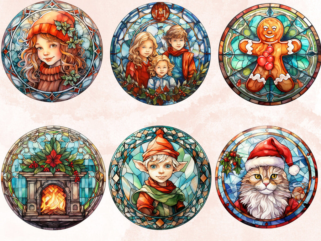 105 PNG Watercolor Round Stained Glass Christmas Bundle Clipart, Xmas Illustrations Clip art, Circle Stained Glass Winter Digital Sticker