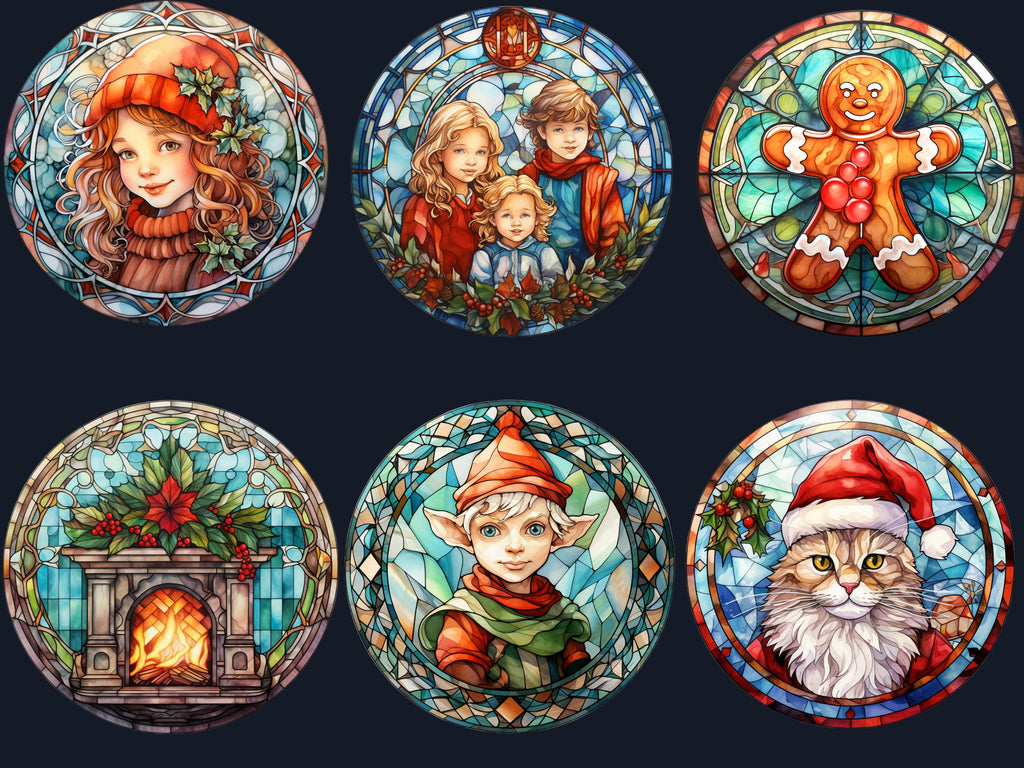 105 PNG Watercolor Round Stained Glass Christmas Bundle Clipart, Xmas Illustrations Clip art, Circle Stained Glass Winter Digital Sticker