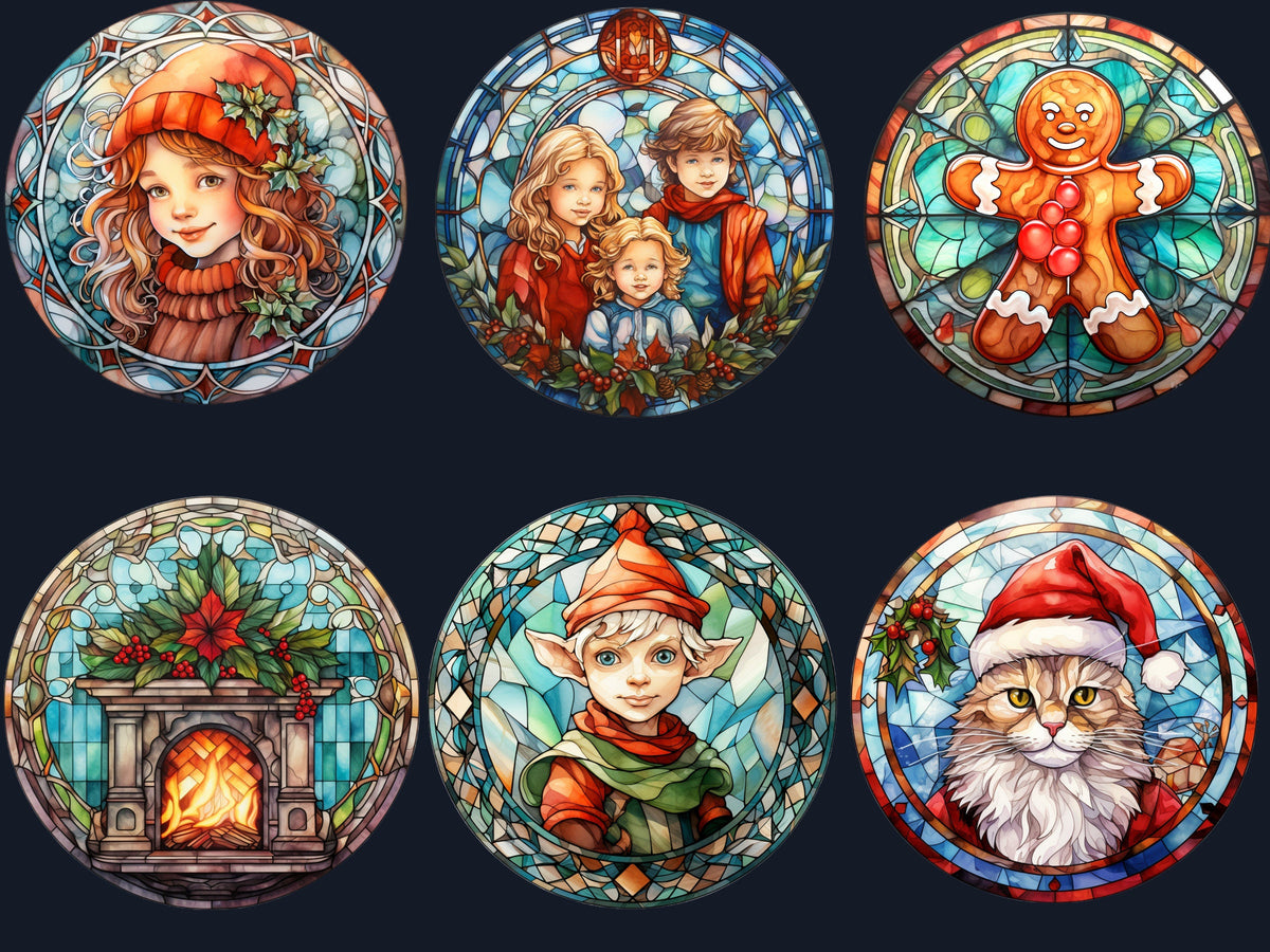 105 PNG Watercolor Round Stained Glass Christmas Bundle Clipart, Xmas Illustrations Clip art, Circle Stained Glass Winter Digital Sticker