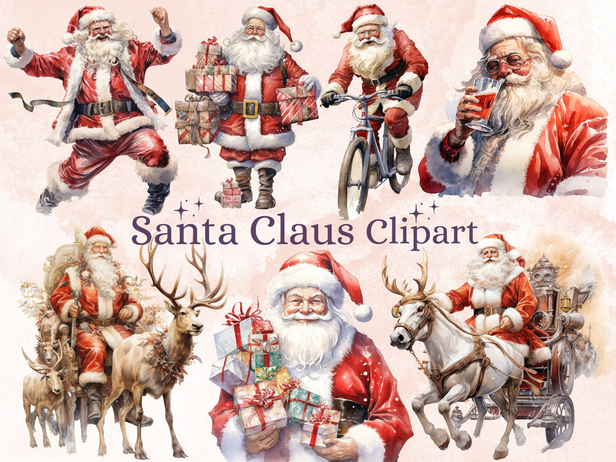 32 PNG Watercolour Santa Claus Clipart, Christmas Clip art Bundle, Winter Holiday graphic png, Xmas Noel Sublimation, Free Commercial Use