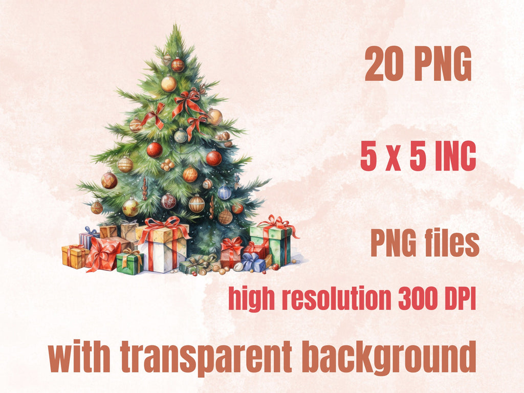 20 PNG Watercolour Christmas Tree Clipart, Cozy Christmas Decorations Clip art Bundle, Winter Holiday graphic png, Xmas Noel Sublimation