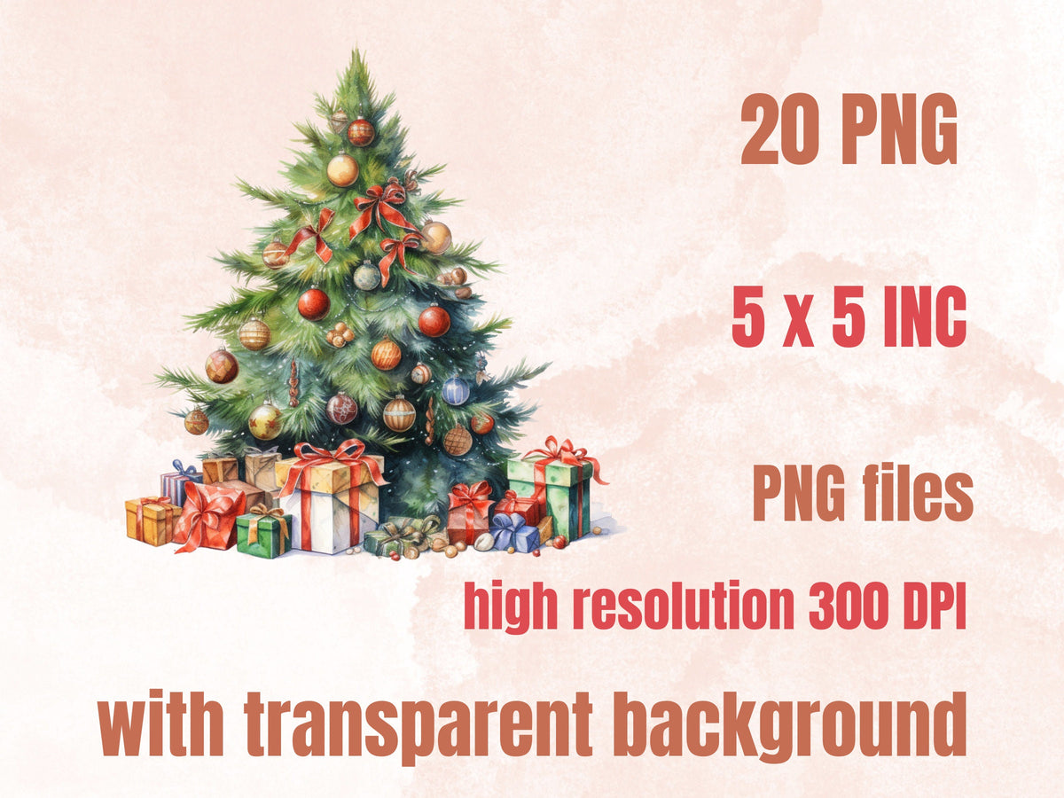 20 PNG Watercolour Christmas Tree Clipart, Cozy Christmas Decorations Clip art Bundle, Winter Holiday graphic png, Xmas Noel Sublimation