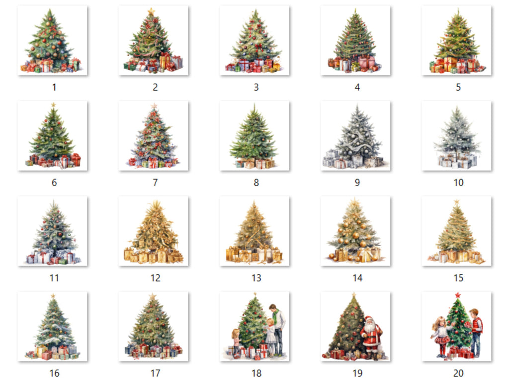 20 PNG Watercolour Christmas Tree Clipart, Cozy Christmas Decorations Clip art Bundle, Winter Holiday graphic png, Xmas Noel Sublimation