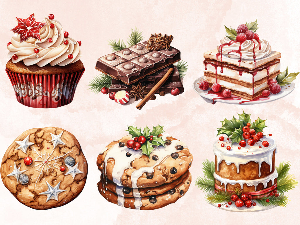 40 PNG Watercolor Christmas Dessert Clipart, Christmas Sweets Clip art, Christmas Cake, Cupcakes, Cookies, Gingerbread png, Xmas Noel Treats