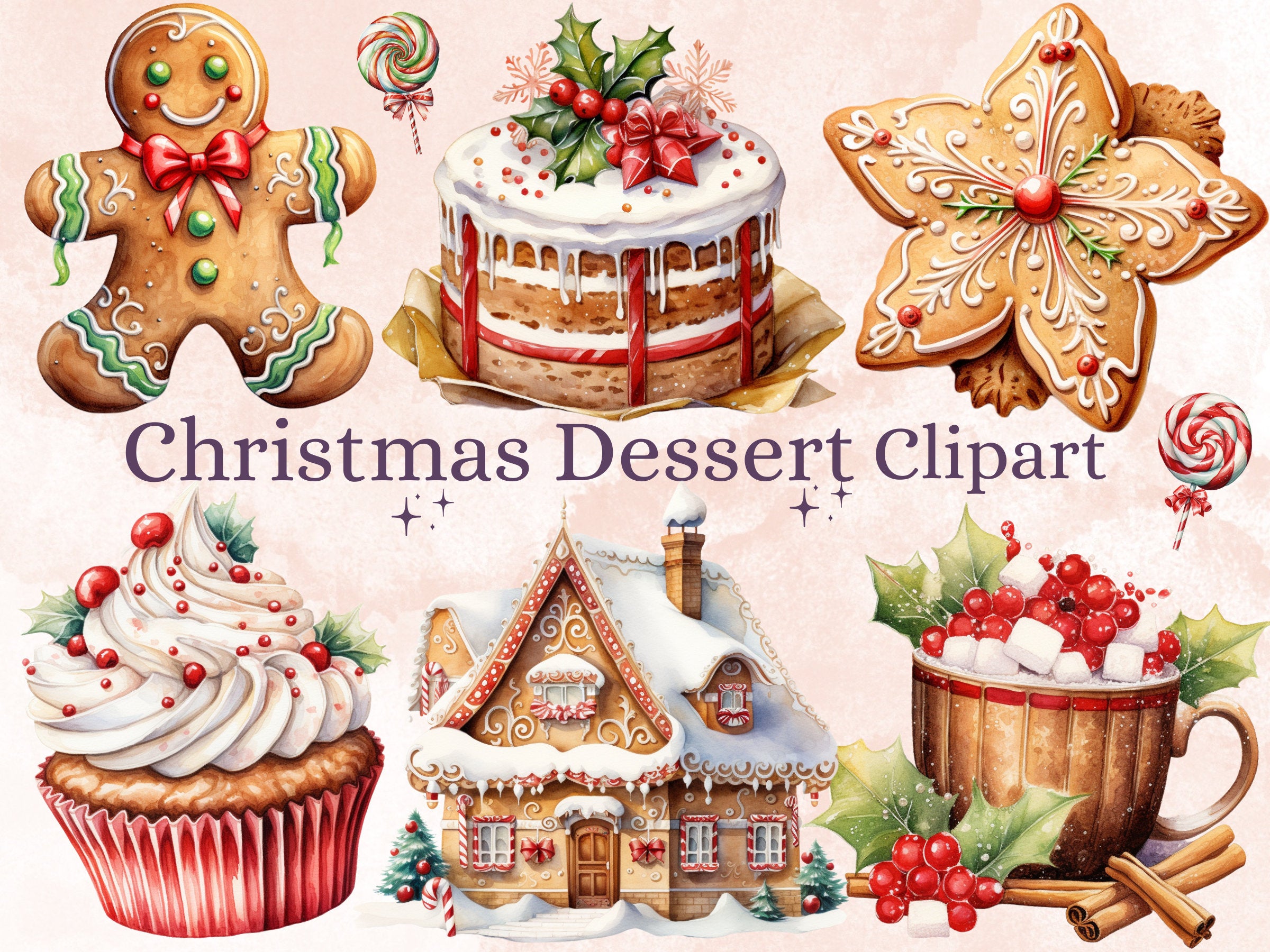 40 PNG Watercolor Christmas Dessert Clipart, Christmas Sweets Clip art, Christmas Cake, Cupcakes, Cookies, Gingerbread png, Xmas Noel Treats