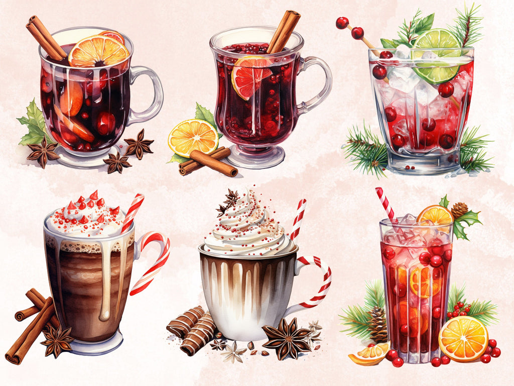 30 PNG Watercolor Christmas Winter Drink Clipart, Merry Christmas Clip art, Hot Chocolate, Cocktail, Beer, Mulled Wine png, Xmas Noel Treats