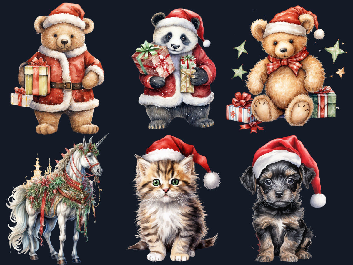 38 PNG Watercolor Christmas Animals Clipart, Merry Christmas Baby shower Clip art, Cute Winter Holiday Graphic png, Xmas Noel Sublimation