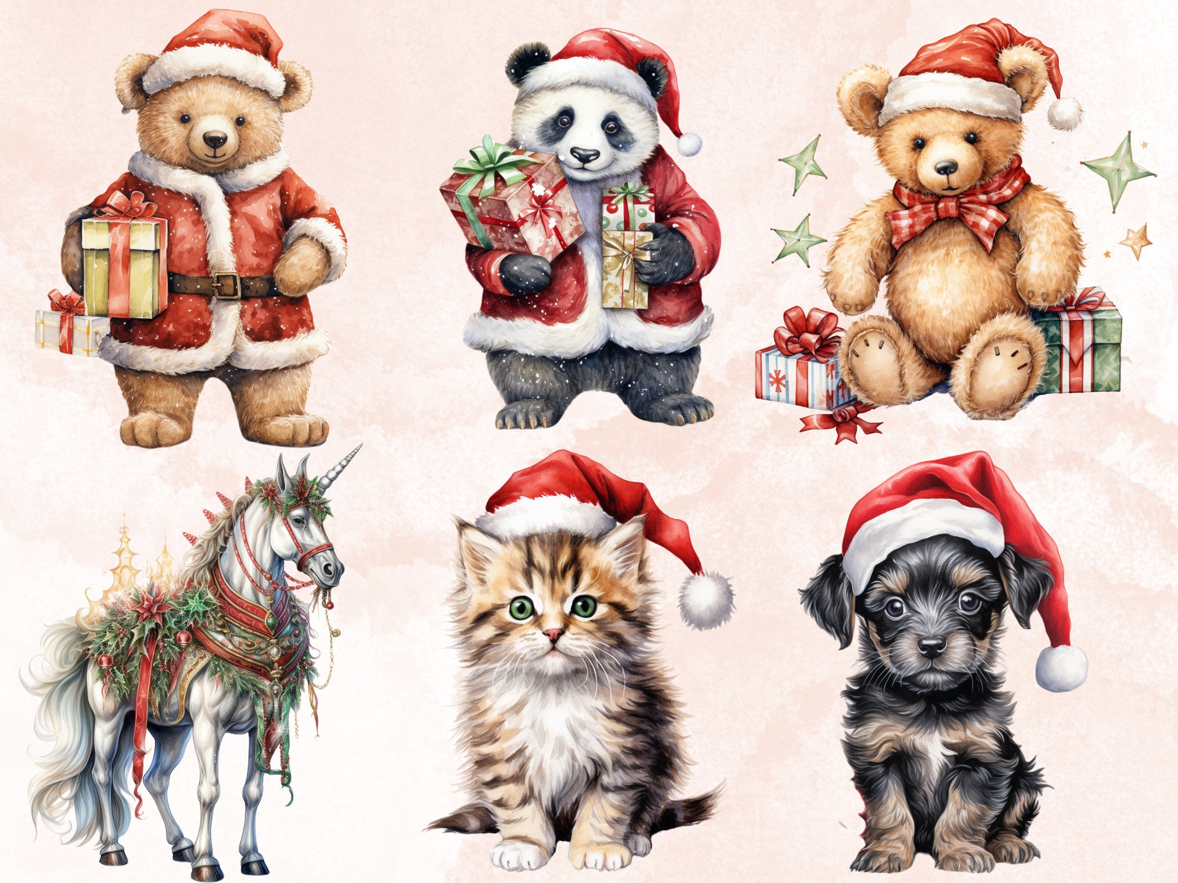 38 PNG Watercolor Christmas Animals Clipart, Merry Christmas Baby shower Clip art, Cute Winter Holiday Graphic png, Xmas Noel Sublimation