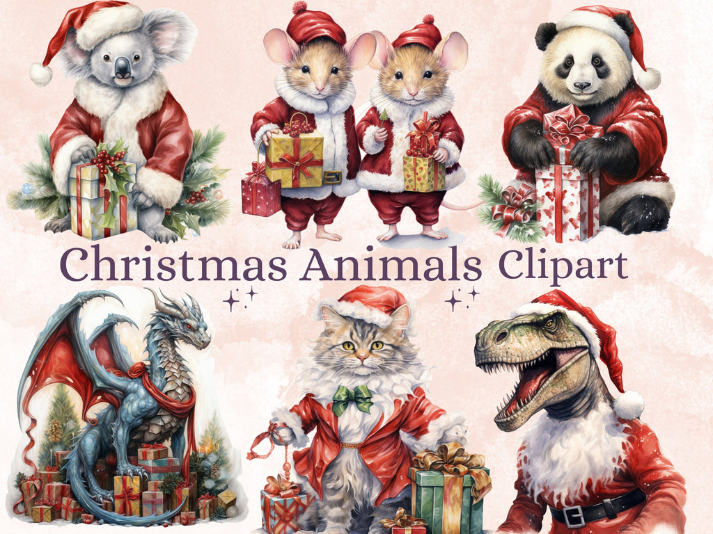 38 PNG Watercolor Christmas Animals Clipart, Merry Christmas Baby shower Clip art, Cute Winter Holiday Graphic png, Xmas Noel Sublimation