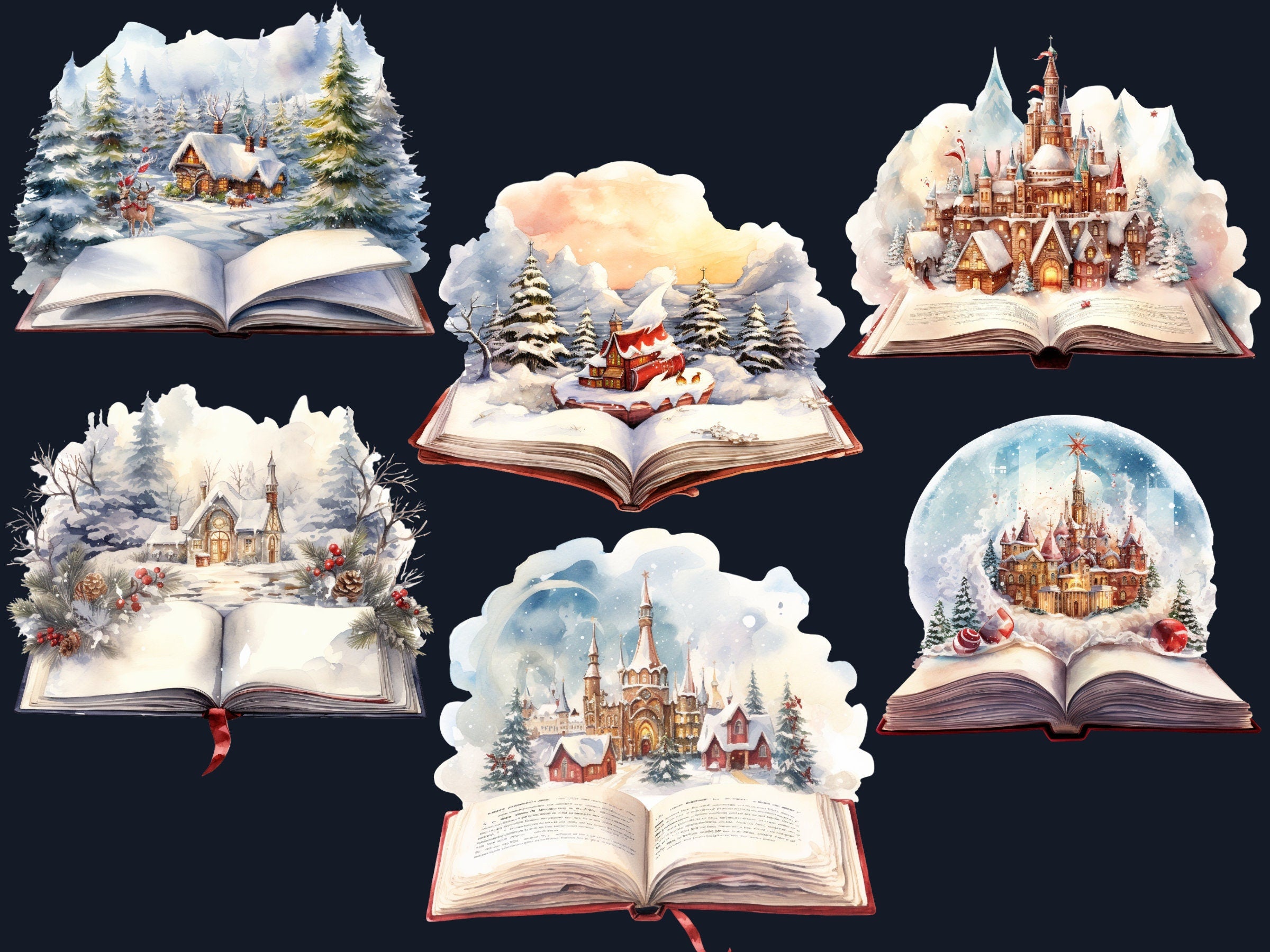 30 PNG Watercolor Christmas Books Clipart Bundle, Fantasy Magical Open Book Clip art, Cute Winter Holiday Graphic png, Xmas Noel Sublimation