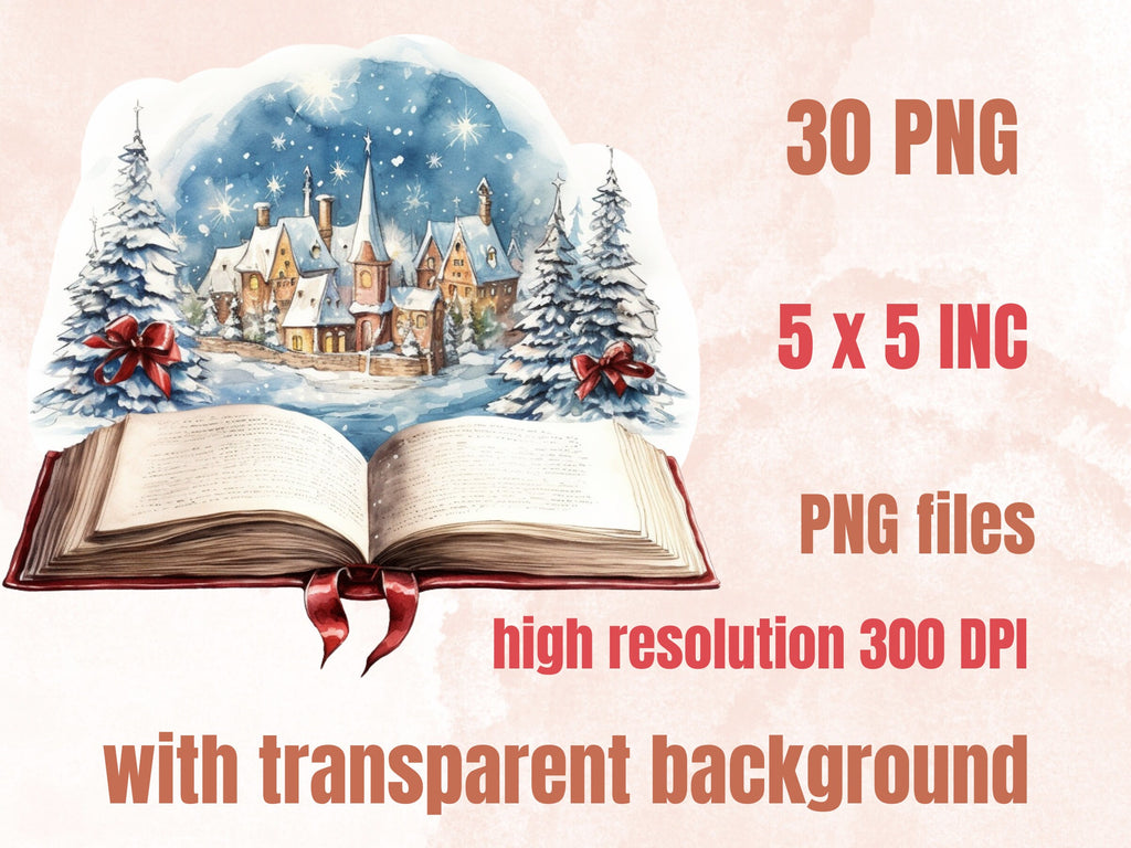 30 PNG Watercolor Christmas Books Clipart Bundle, Fantasy Magical Open Book Clip art, Cute Winter Holiday Graphic png, Xmas Noel Sublimation