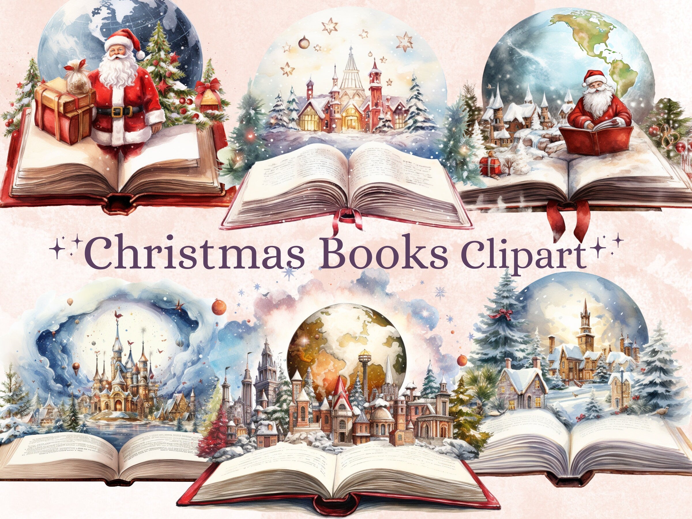 30 PNG Watercolor Christmas Books Clipart Bundle, Fantasy Magical Open Book Clip art, Cute Winter Holiday Graphic png, Xmas Noel Sublimation