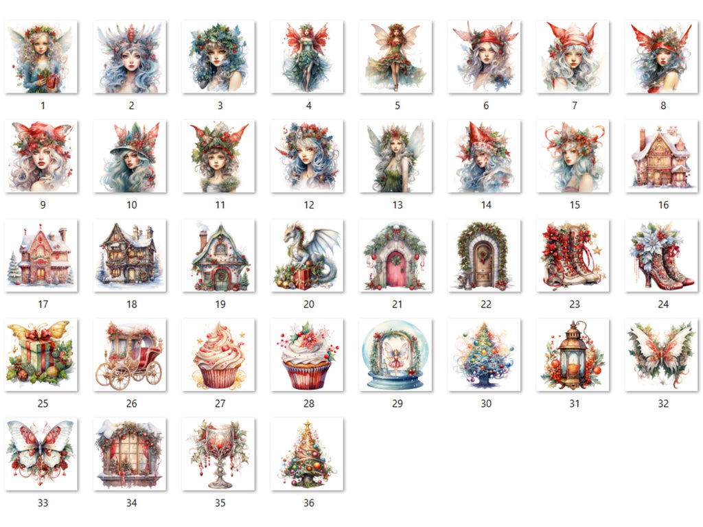 36 PNG Watercolor Christmas Fairy Garden Clipart Bundle, Fairytale Christmas Clip art, Winter Holiday Graphic png, Xmas Noel Sublimation