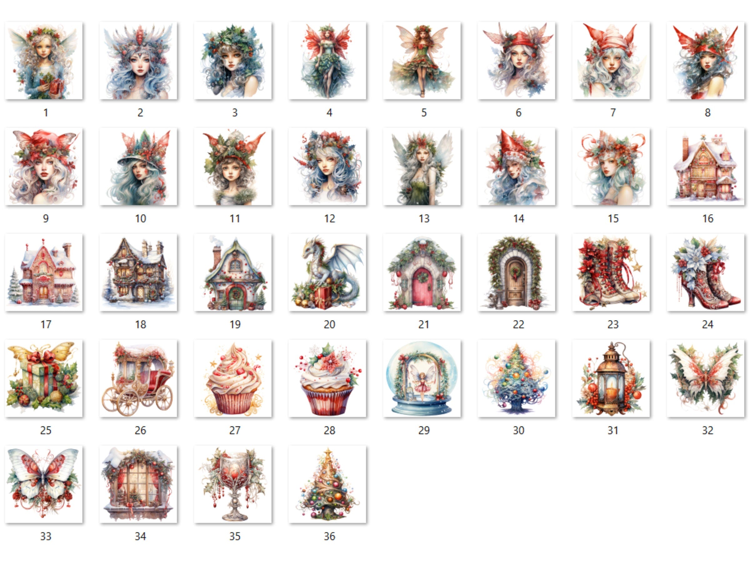 36 PNG Watercolor Christmas Fairy Garden Clipart Bundle, Fairytale Christmas Clip art, Winter Holiday Graphic png, Xmas Noel Sublimation