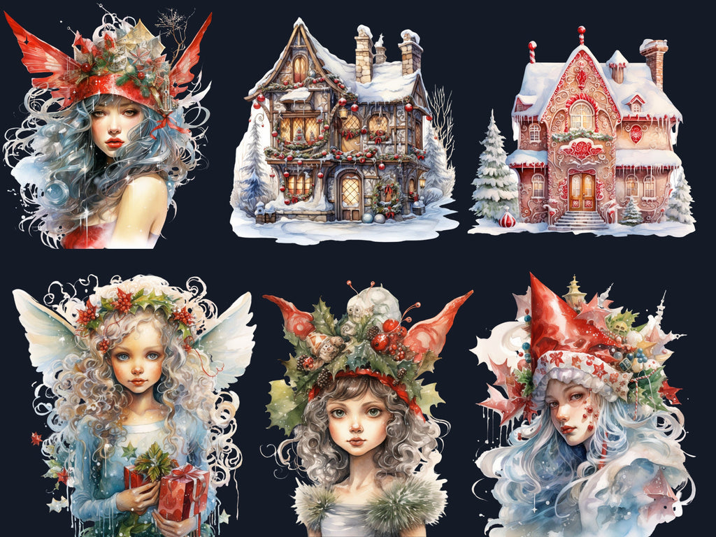 36 PNG Watercolor Christmas Fairy Garden Clipart Bundle, Fairytale Christmas Clip art, Winter Holiday Graphic png, Xmas Noel Sublimation