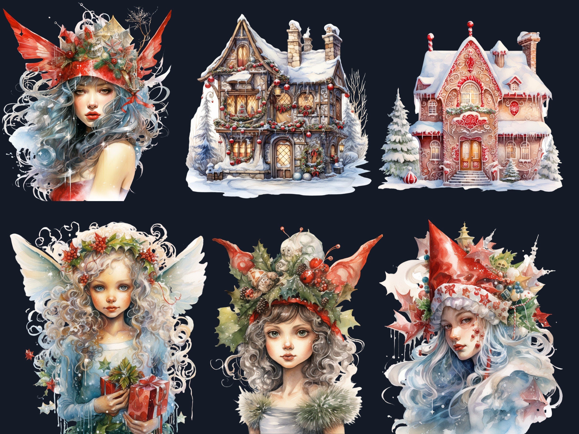 36 PNG Watercolor Christmas Fairy Garden Clipart Bundle, Fairytale Christmas Clip art, Winter Holiday Graphic png, Xmas Noel Sublimation