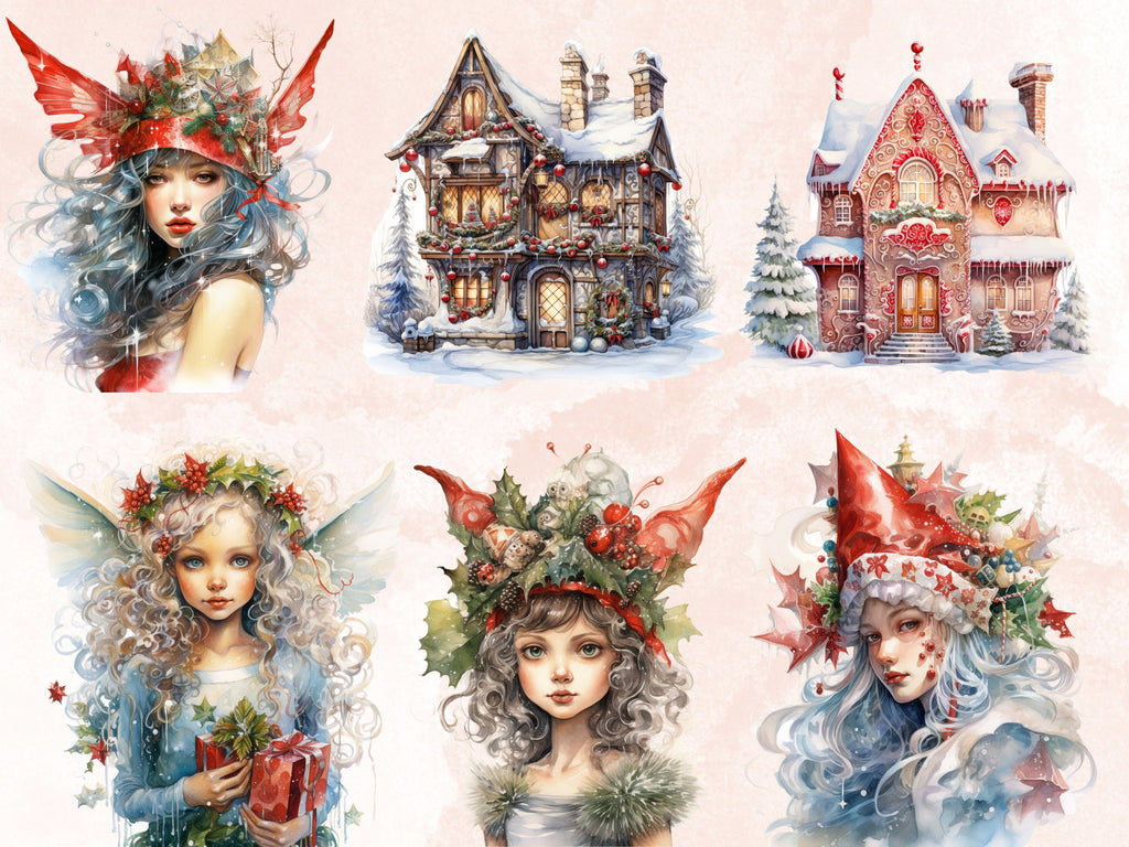 36 PNG Watercolor Christmas Fairy Garden Clipart Bundle, Fairytale Christmas Clip art, Winter Holiday Graphic png, Xmas Noel Sublimation