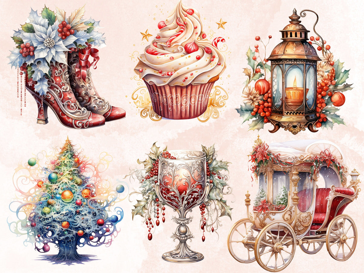 36 PNG Watercolor Christmas Fairy Garden Clipart Bundle, Fairytale Christmas Clip art, Winter Holiday Graphic png, Xmas Noel Sublimation