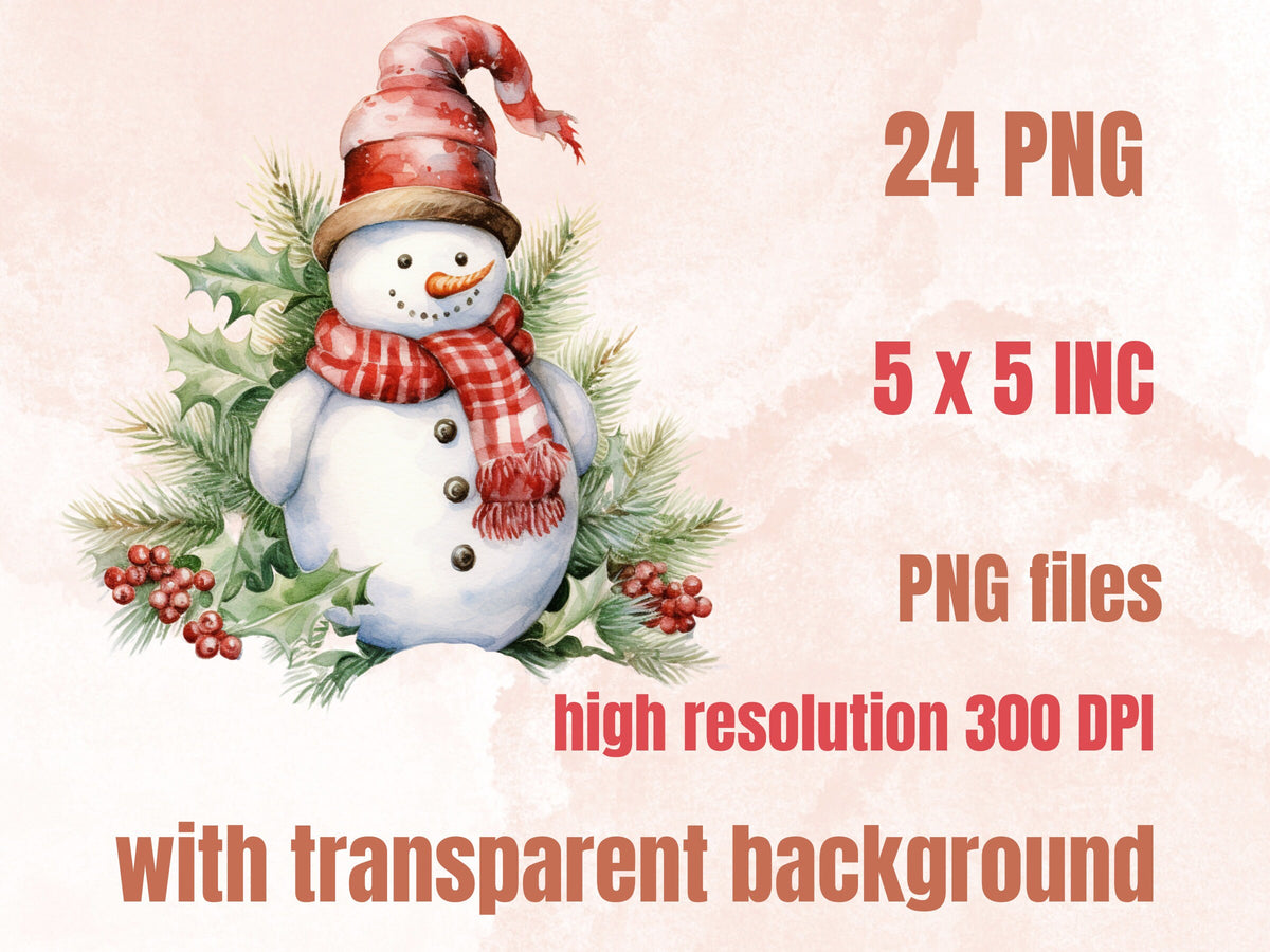 24 PNG Watercolour Christmas Snowman Clipart, Merry Christmas Kids Snow Clip art, Winter Holiday Children graphic png, Xmas Noel Sublimation