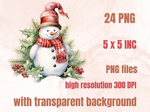 24 PNG Watercolour Christmas Snowman Clipart, Merry Christmas Kids Snow Clip art, Winter Holiday Children graphic png, Xmas Noel Sublimation