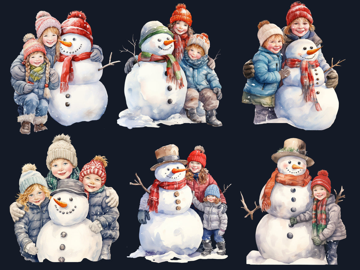 24 PNG Watercolour Christmas Snowman Clipart, Merry Christmas Kids Snow Clip art, Winter Holiday Children graphic png, Xmas Noel Sublimation