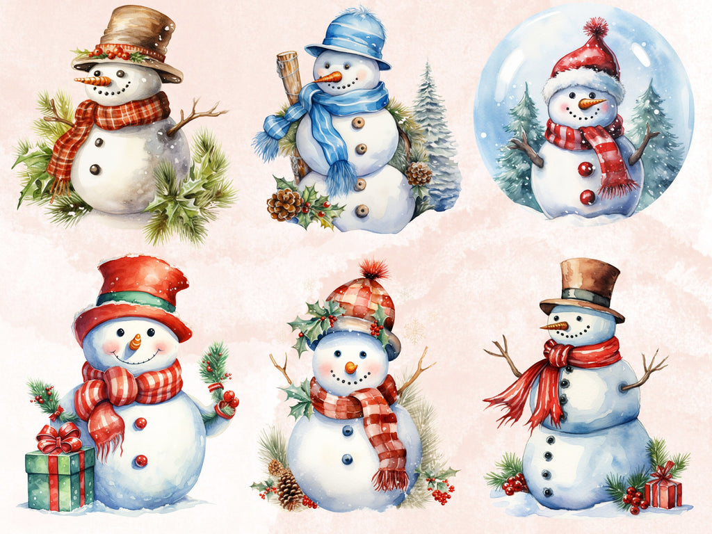 24 PNG Watercolour Christmas Snowman Clipart, Merry Christmas Kids Snow Clip art, Winter Holiday Children graphic png, Xmas Noel Sublimation