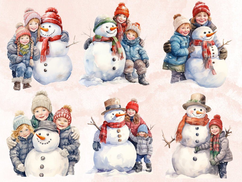 24 PNG Watercolour Christmas Snowman Clipart, Merry Christmas Kids Snow Clip art, Winter Holiday Children graphic png, Xmas Noel Sublimation