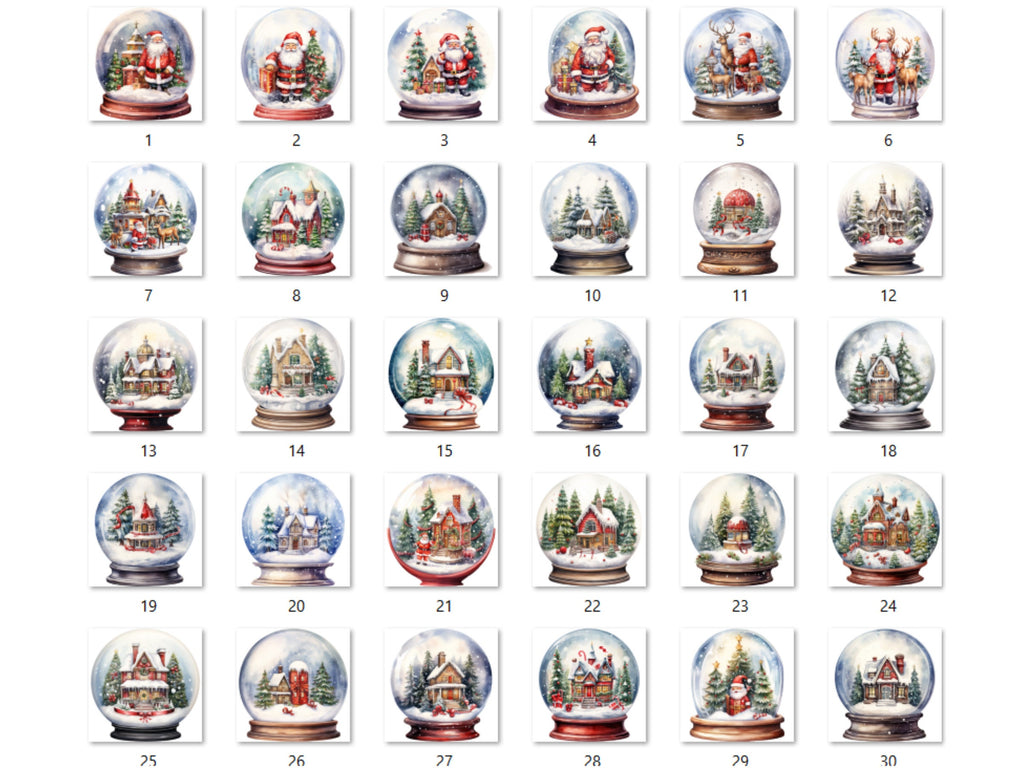 30 PNG Watercolour Christmas Snow Globe Clipart, Merry Christmas Cute Santa Clip art, Winter Wonderland graphic png, Xmas Noel Sublimation