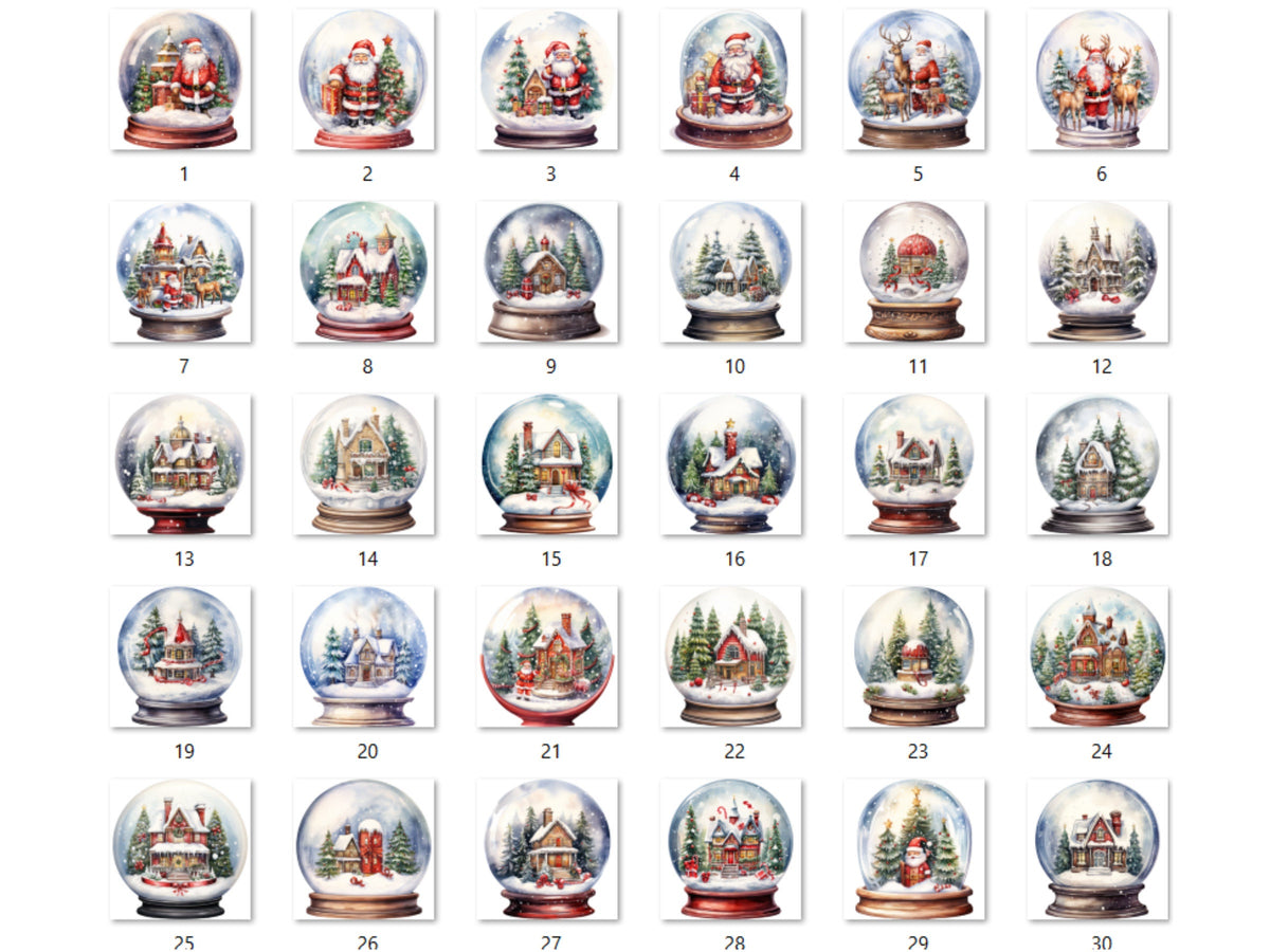 30 PNG Watercolour Christmas Snow Globe Clipart, Merry Christmas Cute Santa Clip art, Winter Wonderland graphic png, Xmas Noel Sublimation