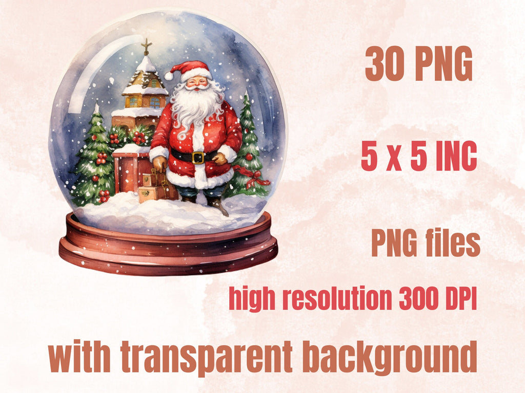 30 PNG Watercolour Christmas Snow Globe Clipart, Merry Christmas Cute Santa Clip art, Winter Wonderland graphic png, Xmas Noel Sublimation