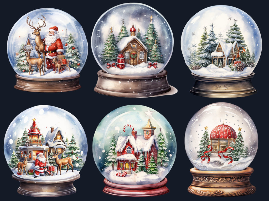 30 PNG Watercolour Christmas Snow Globe Clipart, Merry Christmas Cute Santa Clip art, Winter Wonderland graphic png, Xmas Noel Sublimation