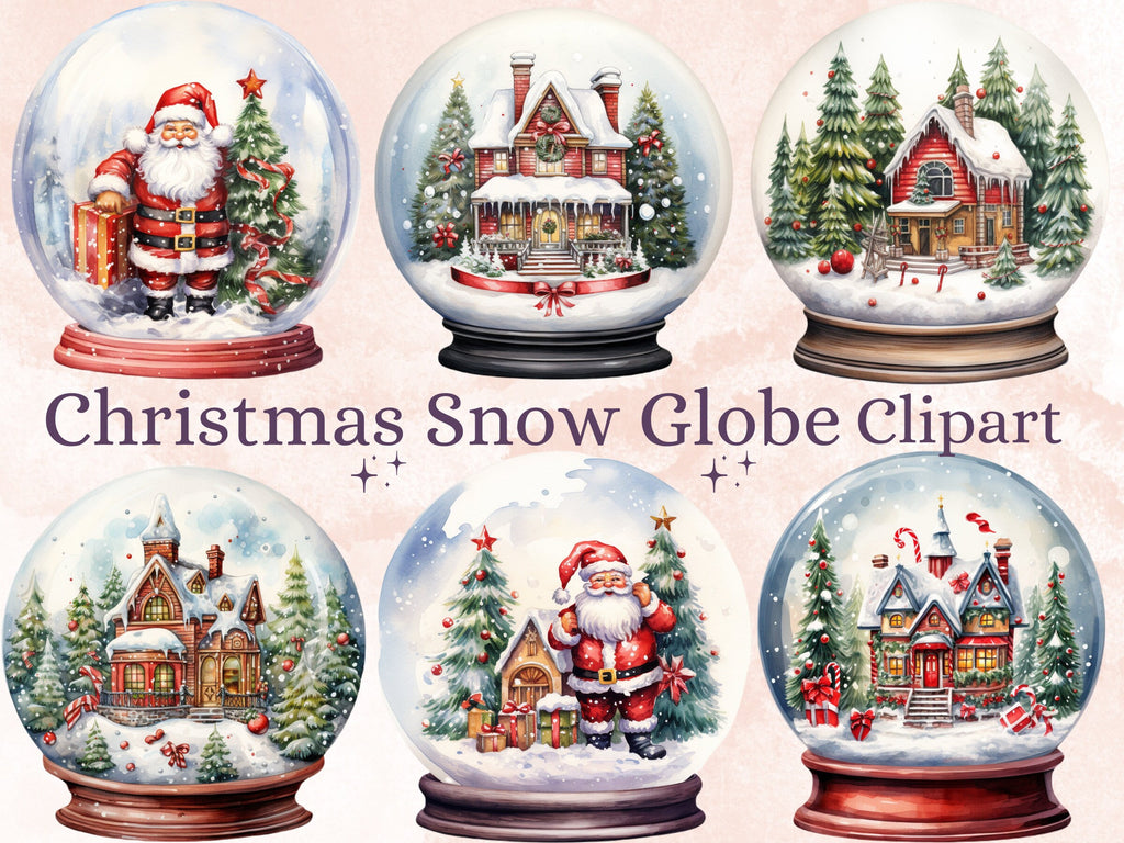 30 PNG Watercolour Christmas Snow Globe Clipart, Merry Christmas Cute Santa Clip art, Winter Wonderland graphic png, Xmas Noel Sublimation