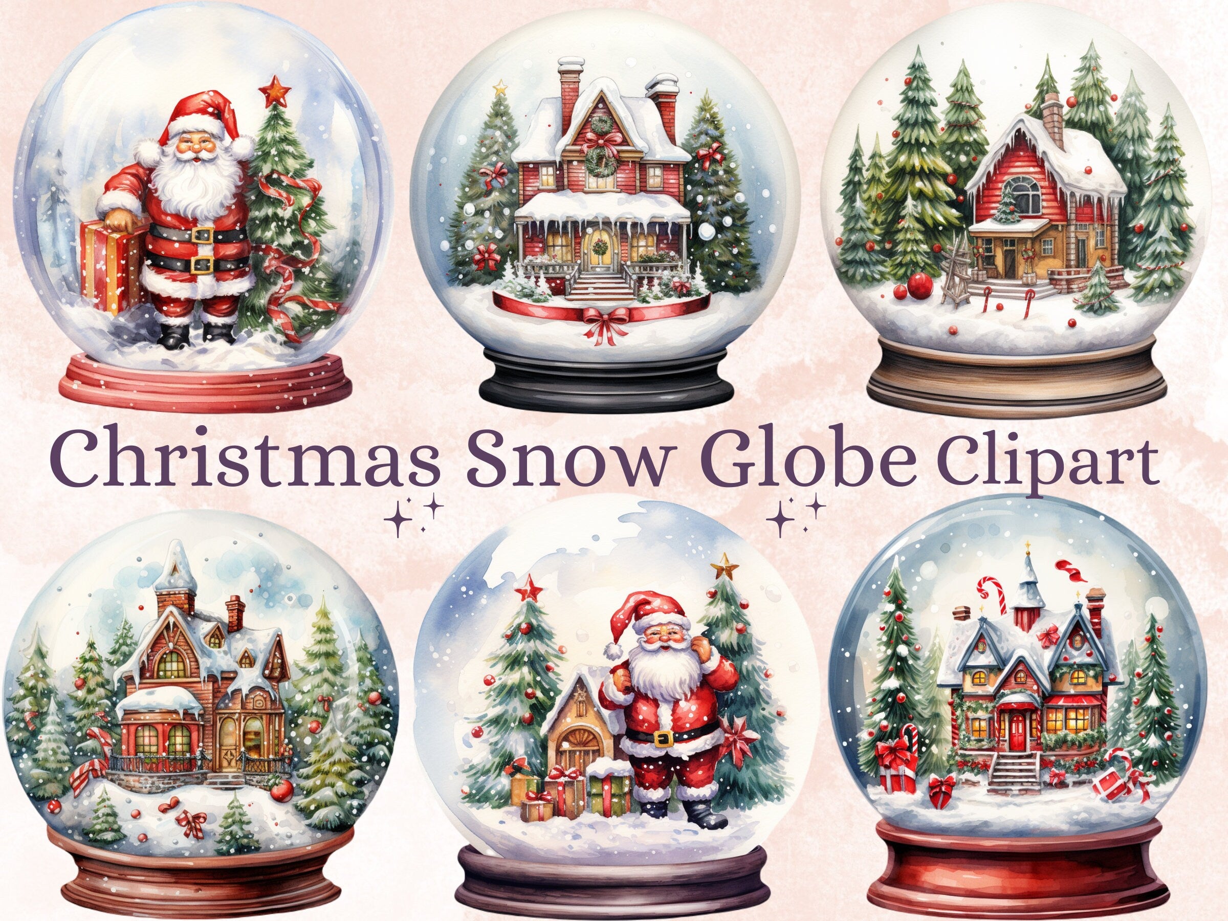 30 PNG Watercolour Christmas Snow Globe Clipart, Merry Christmas Cute Santa Clip art, Winter Wonderland graphic png, Xmas Noel Sublimation