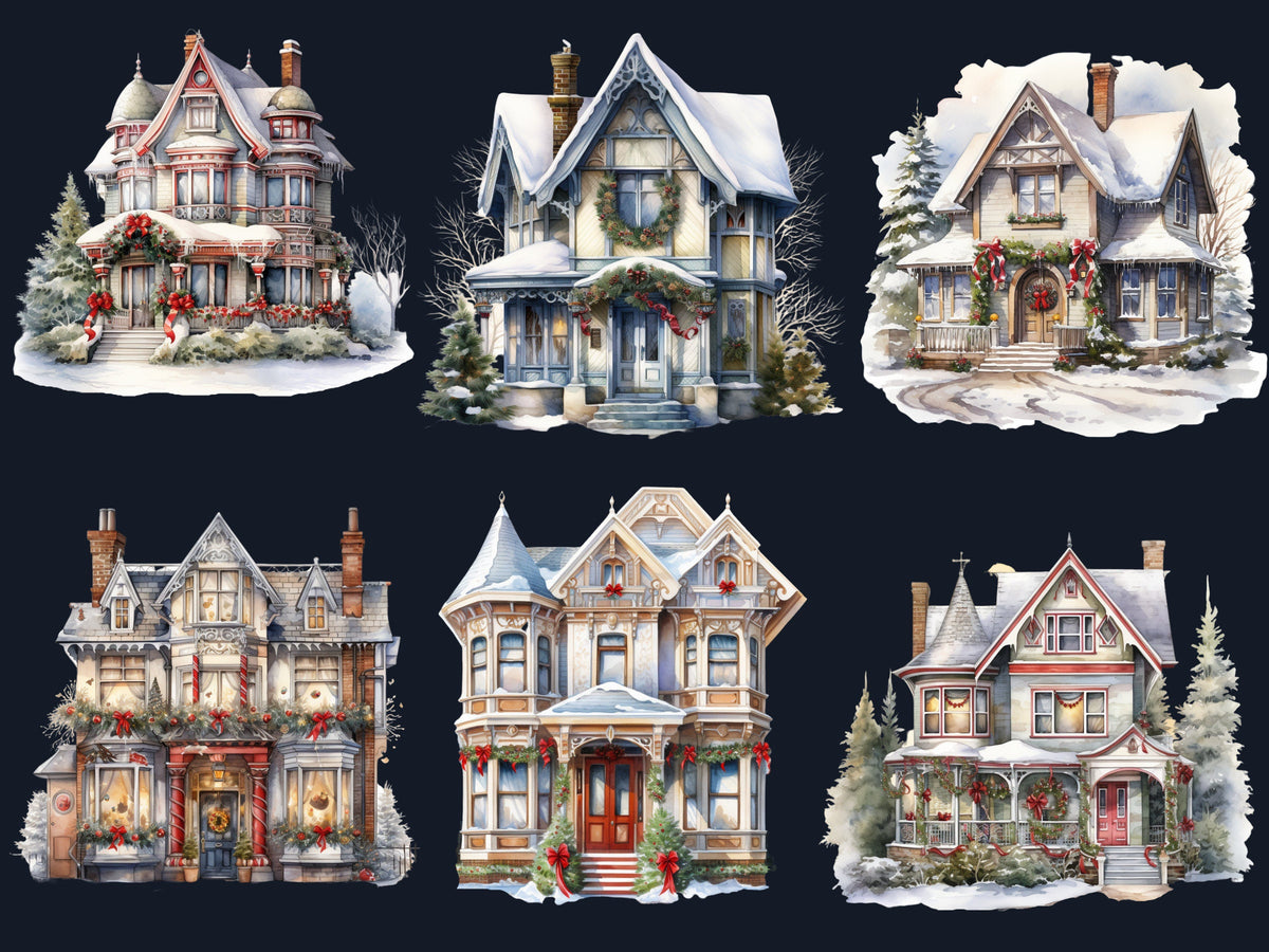 27 PNG Watercolor Christmas House Clipart, Merry Christmas Cottage House Clip art, Winter Village Holiday graphic png, Xmas Noel Sublimation