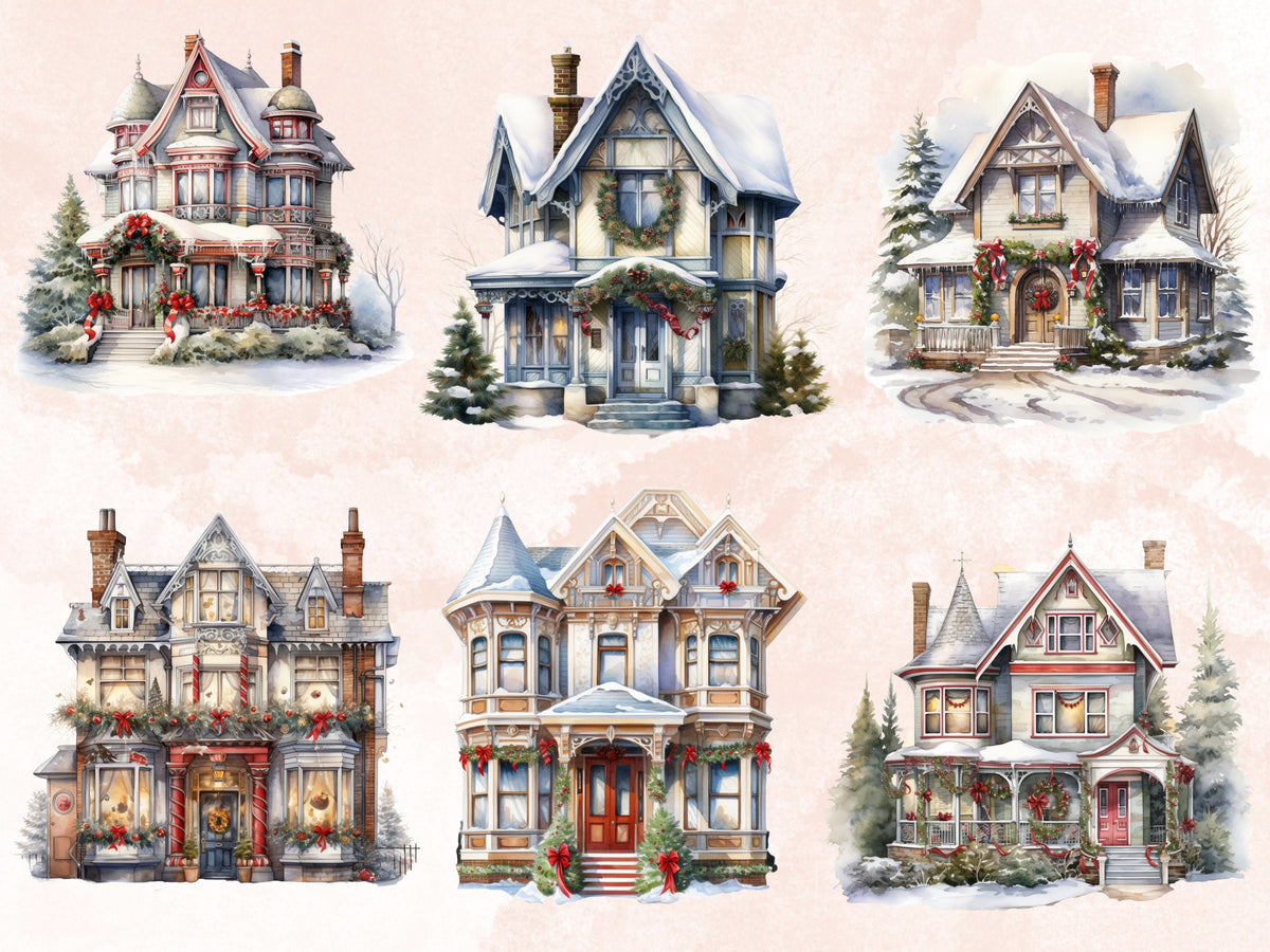 27 PNG Watercolor Christmas House Clipart, Merry Christmas Cottage House Clip art, Winter Village Holiday graphic png, Xmas Noel Sublimation