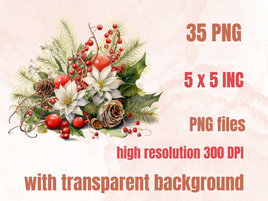 35 PNG Watercolor Christmas Flowers Clipart, Merry Christmas Bouquets Clip art, Winter Arrangement Graphic png, Xmas Noel Sublimation Bundle