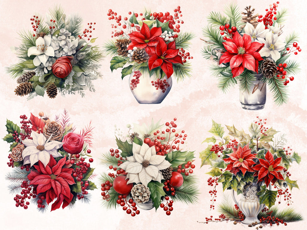 35 PNG Watercolor Christmas Flowers Clipart, Merry Christmas Bouquets Clip art, Winter Arrangement Graphic png, Xmas Noel Sublimation Bundle