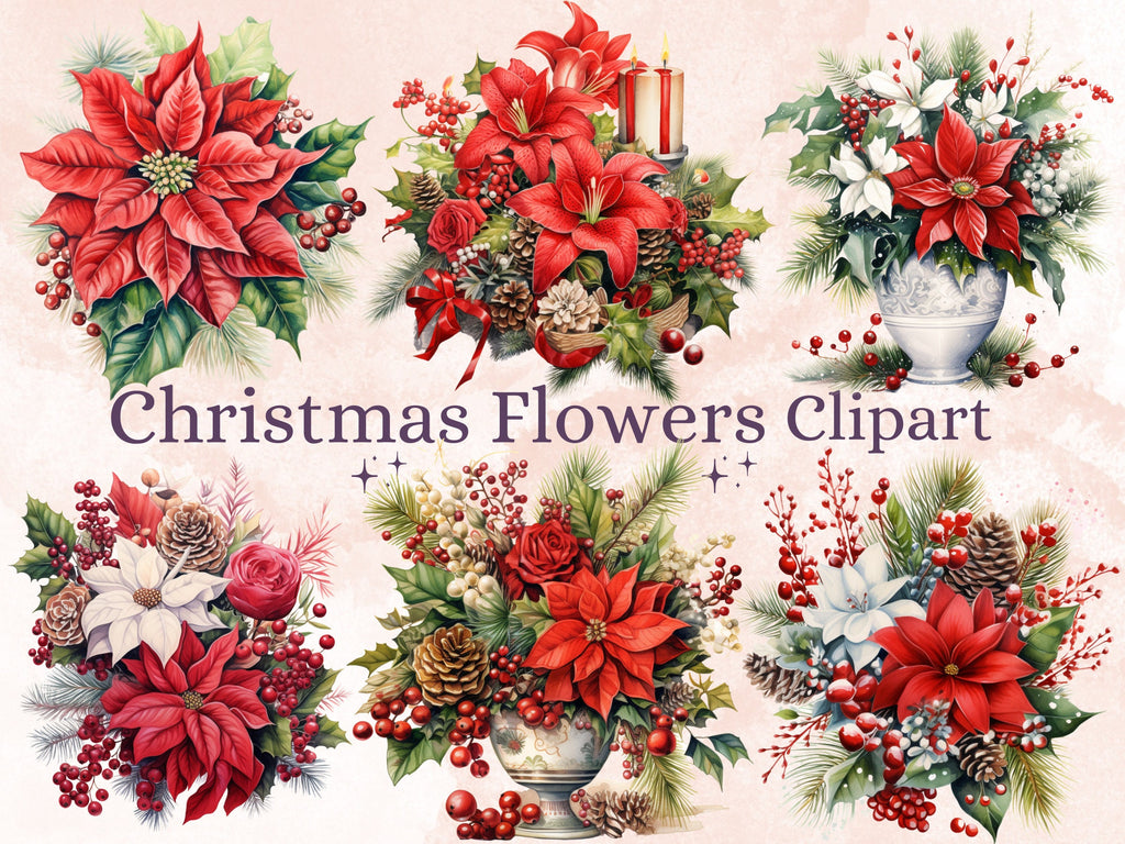 35 PNG Watercolor Christmas Flowers Clipart, Merry Christmas Bouquets Clip art, Winter Arrangement Graphic png, Xmas Noel Sublimation Bundle